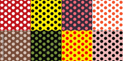 Polka dots seamless vector set in several colours and backgrounds