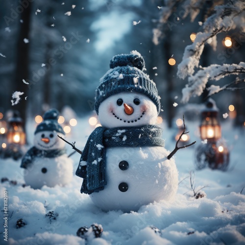 Happy snowman standing in christmas landscape.Snow background.Winter fairytale. on a panoramic snow background with space for text © Tatjana