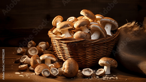 Champignon mushrooms with brown variety on wooden table (or board) scattered out of the basket. Made with generative ai