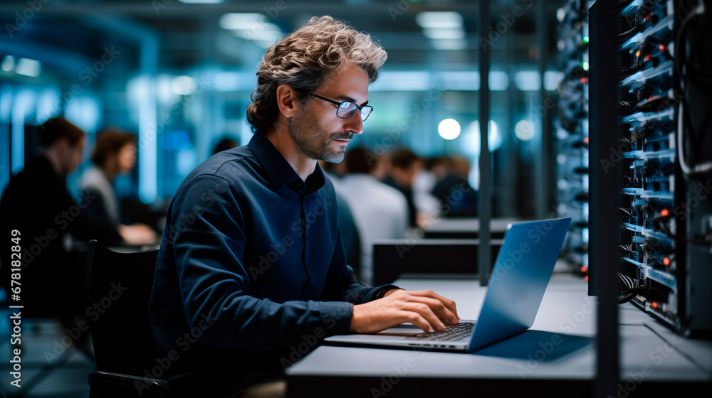 Man Specialist Working in Data Center Man Specialist Working in Data Center