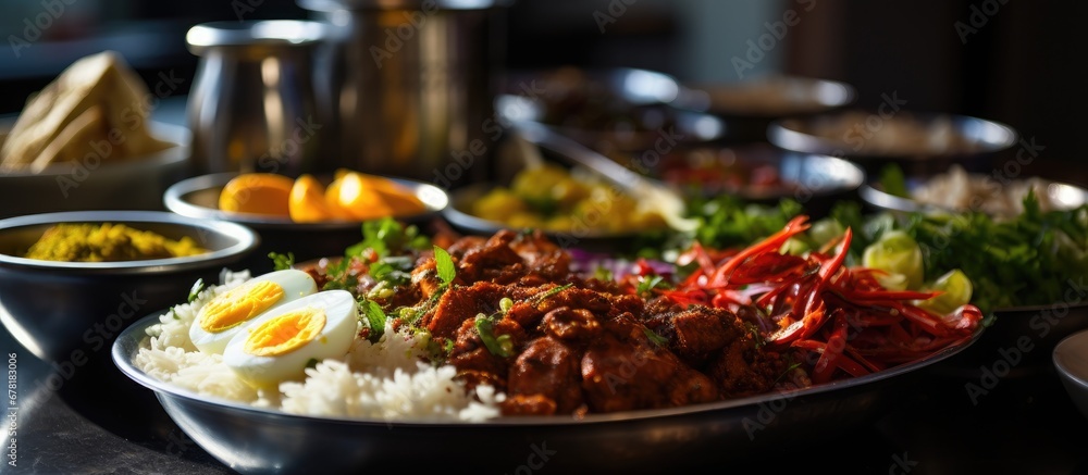 In the background a vibrant Indian restaurant prepares for the upcoming Eid celebration with tables set for a flavorful feast of spicy meat dishes aromatic rice refreshing salad and perfectl
