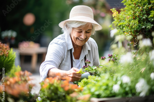Elderly smiling female gardener in hat standing in her garden amidst plants and blooms in summer. A hobby for retired people, gardening and floriculture.
