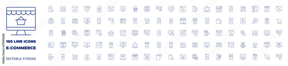 100 icons E-commerce collection. Thin line icon. Editable stroke. E-commerce icons for web and mobile app.