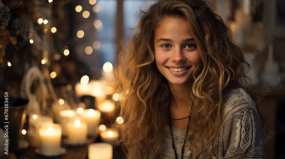 Smiling Young Woman with Curly Hair Illuminated by Candlelight in Cozy Room
