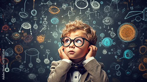 School child in eyeglasses portrait on background of blackboard in classroom, charts on a blackboard. Creative concept of developmental classes, math club, mind training for children.  photo