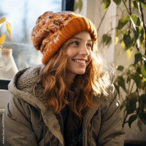 Mädchen mit orange farbener Wollmütze, dicker Winterjacke und langen dunkelblonden Haaren lächelt photo