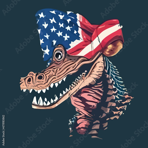 A dinosaur wearing a hat with a flag american on it design vector illustration for use in design and print poster canvas.eps