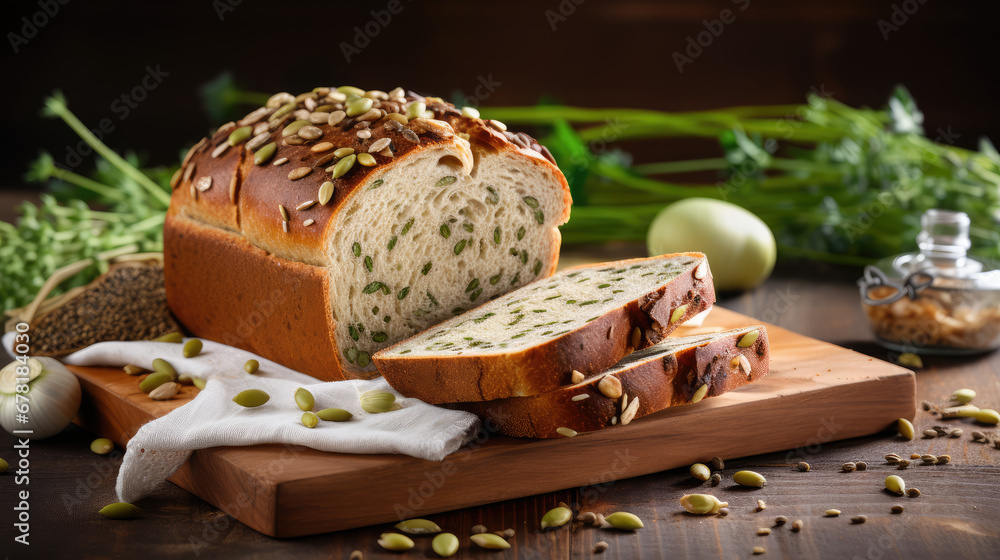 Multi grain yeast-free bread with seeds and sprouts in minimal kitchen design. Healthy food, wholesome bread for a nutritious diet. Multi grain yeast-free bread with seeds and sprouts in minimal kitchen design. Healthy food, wholesome bread for a nutritious diet.