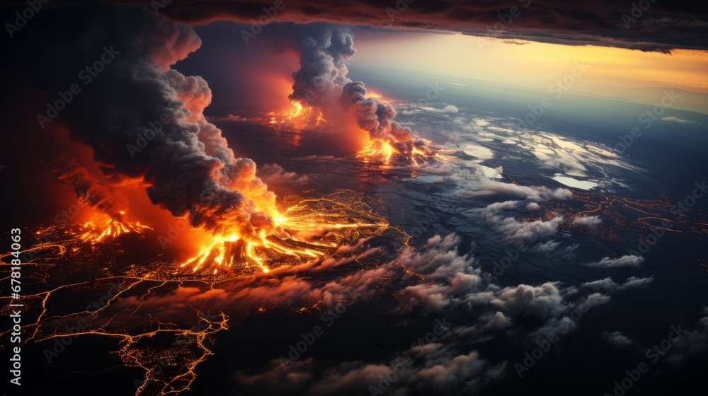 Dramatische Darstellung eines massiven Vulkanausbruchs bei Nacht mit Magma, Lava, Blitzen, Feuer und Wolken - obrazy, fototapety, plakaty 