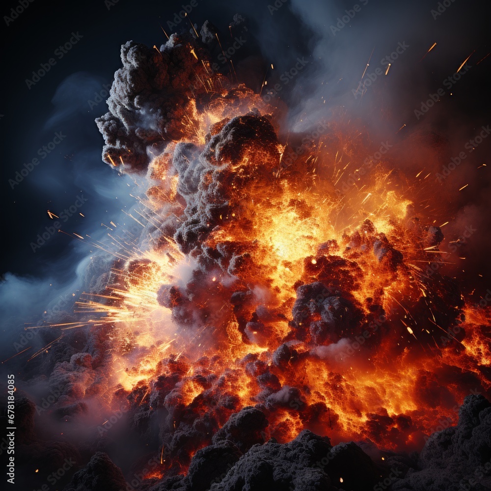 Dramatische Darstellung eines massiven Vulkanausbruchs bei Nacht mit Magma, Lava, Blitzen, Feuer und Wolken - obrazy, fototapety, plakaty 