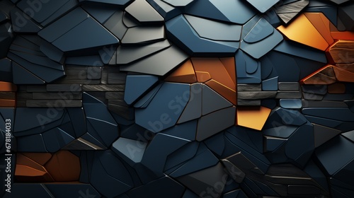Puzzleartige Textur aus dreidimensionalen metallischen geometrischen Teilen in stahlblau, grau, orange