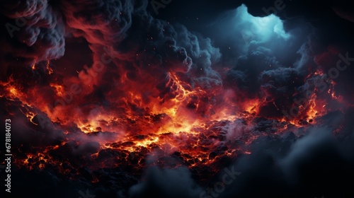 Dramatische Darstellung eines massiven Vulkanausbruchs bei Nacht mit Magma  Lava  Blitzen  Feuer und Wolken