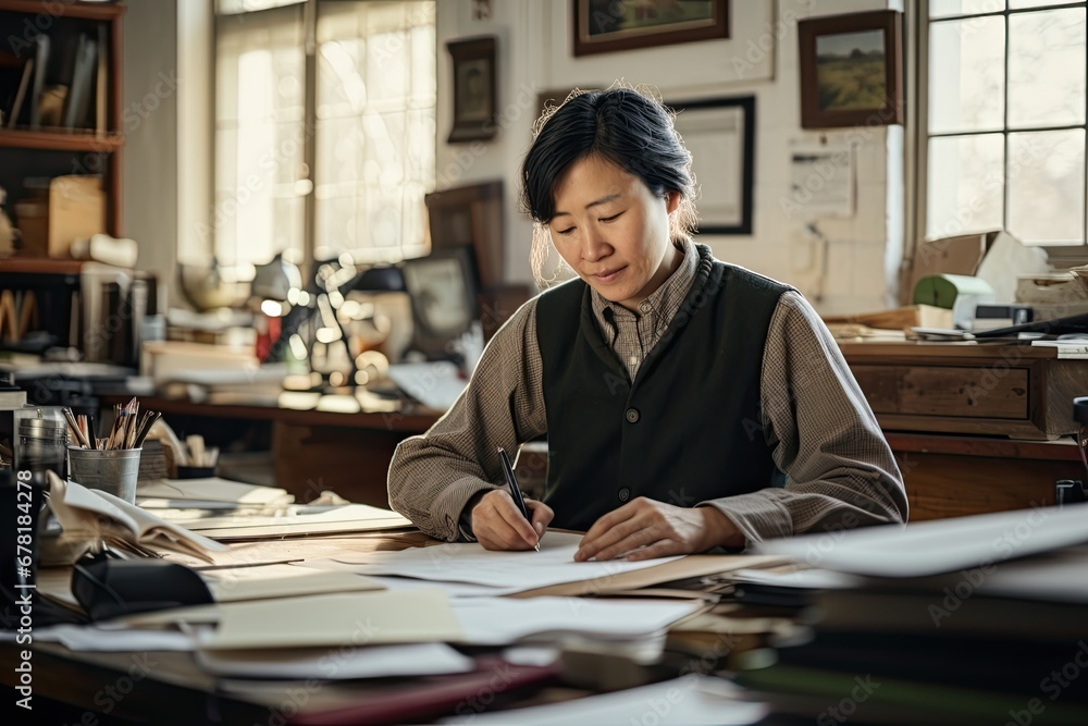 Asian business woman working at a modern office desk with papers. Asian business woman working at a modern office desk with papers.