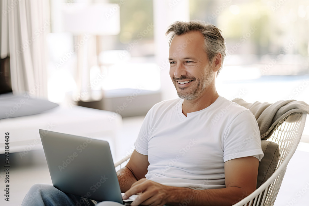Happy man uses laptop without leaving home, sitting on sofa. Happy man uses laptop without leaving home, sitting on sofa.
