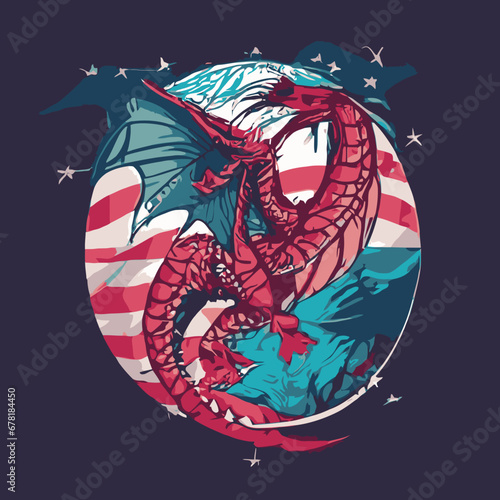 A red dragon with wings and a flag american design vector illustration for use in design and print poster canvas.eps