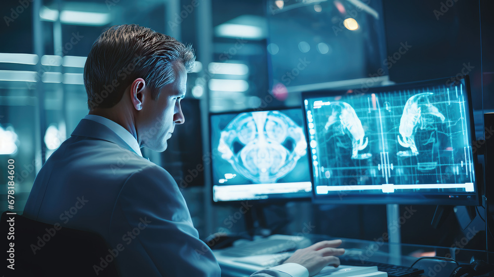 Neurology doctor studying brain tests on a computer screen in a hospital room. Brain researches, CT scan. Neurology doctor studying brain tests on a computer screen in a hospital room. Brain researches, CT scan.