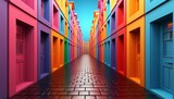 An abstract image of colored buildings with doors on both sides of the road
