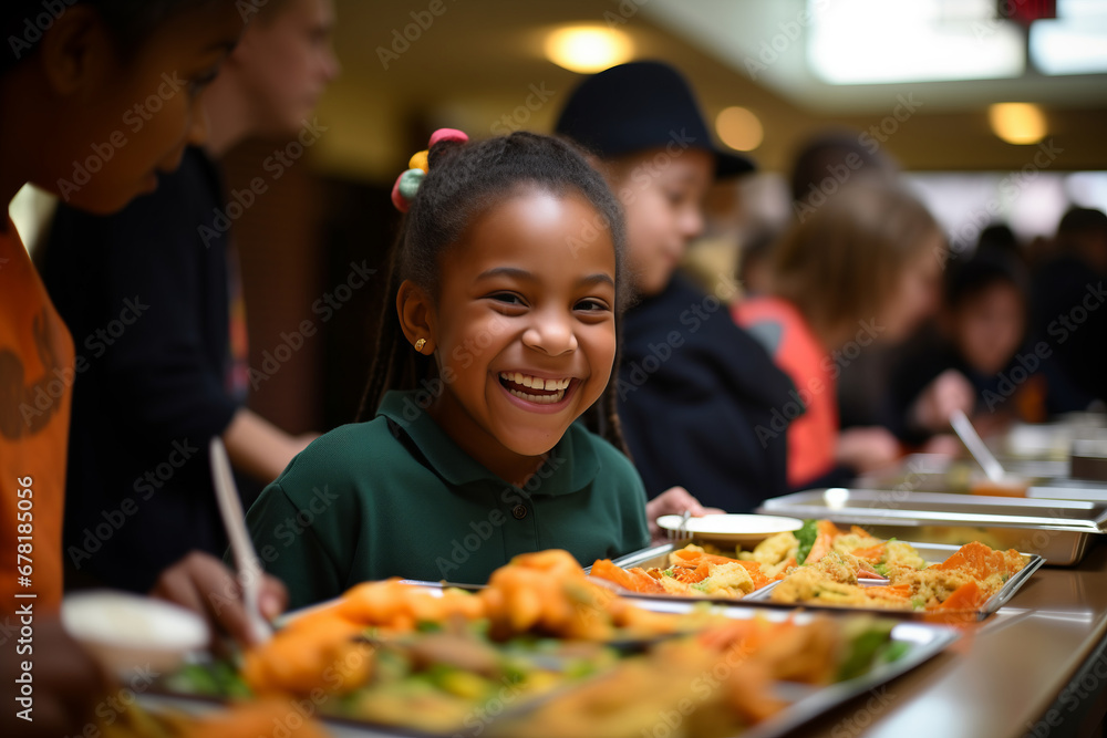 Happy Afro American girl and other kids at buffet of cafeteria in elementary school or hotel.