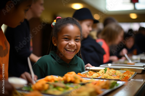 Happy Afro American girl and other kids at buffet of cafeteria in elementary school or hotel.