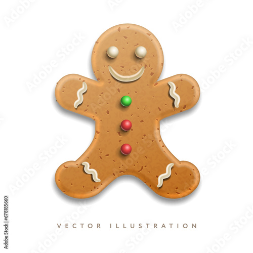 Holiday gingerbread man cookie with colored icing, isolated on white. Merry Christmas Holiday. Realistic vector illustration