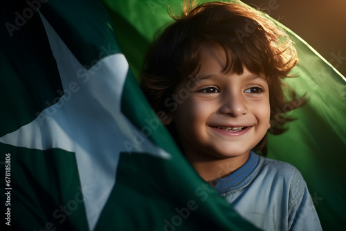 Portrait happy child boy on background Pakistan flag. Unity and Independence Day concept