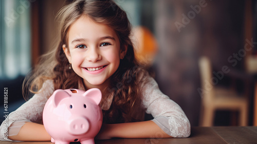 Little caucasian girl hold pink piggy bank. Concept learning about saving money, kid save finances for education or dream