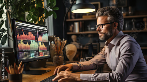  Man working from home in front of displays showing market graphs