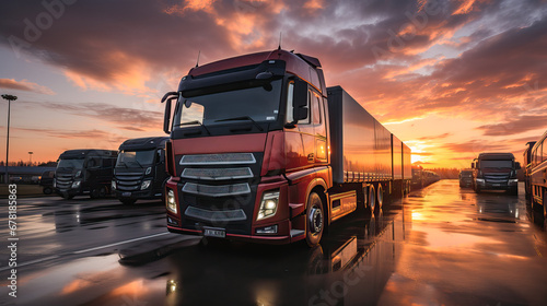 Parked trucks at sunset