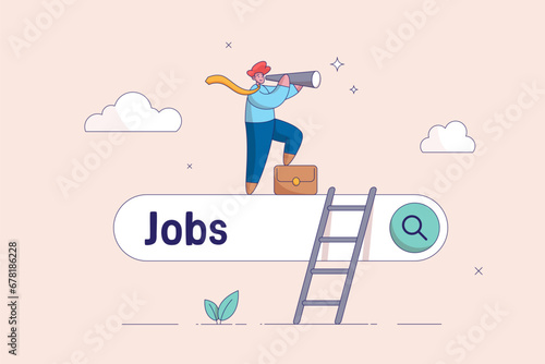 Career or job search concept. Looking for new job, employment, ind opportunity, seek for vacancy or work position. businessman climb up ladder of job search bar with binoculars to see opportunity.
