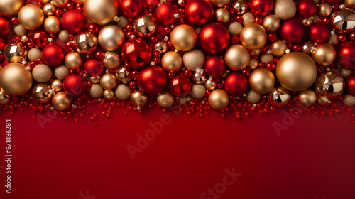 Christmas top view greeting template with golden and balls on red background. Xmas an Happy New Year banner mock up