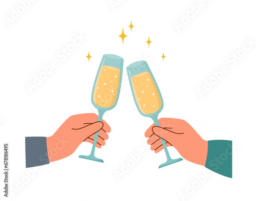Two flutes of champagne in the hands on white background.	
