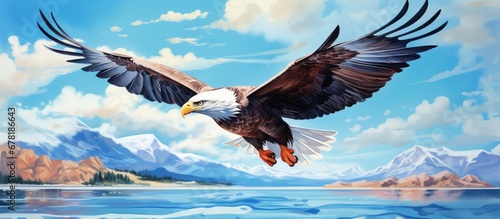 In the breathtaking watercolor illustration the majestic eagle gracefully soars above the tranquil blue ocean its keen eye spotting a school of colorful fish swimming in the crystal clear la