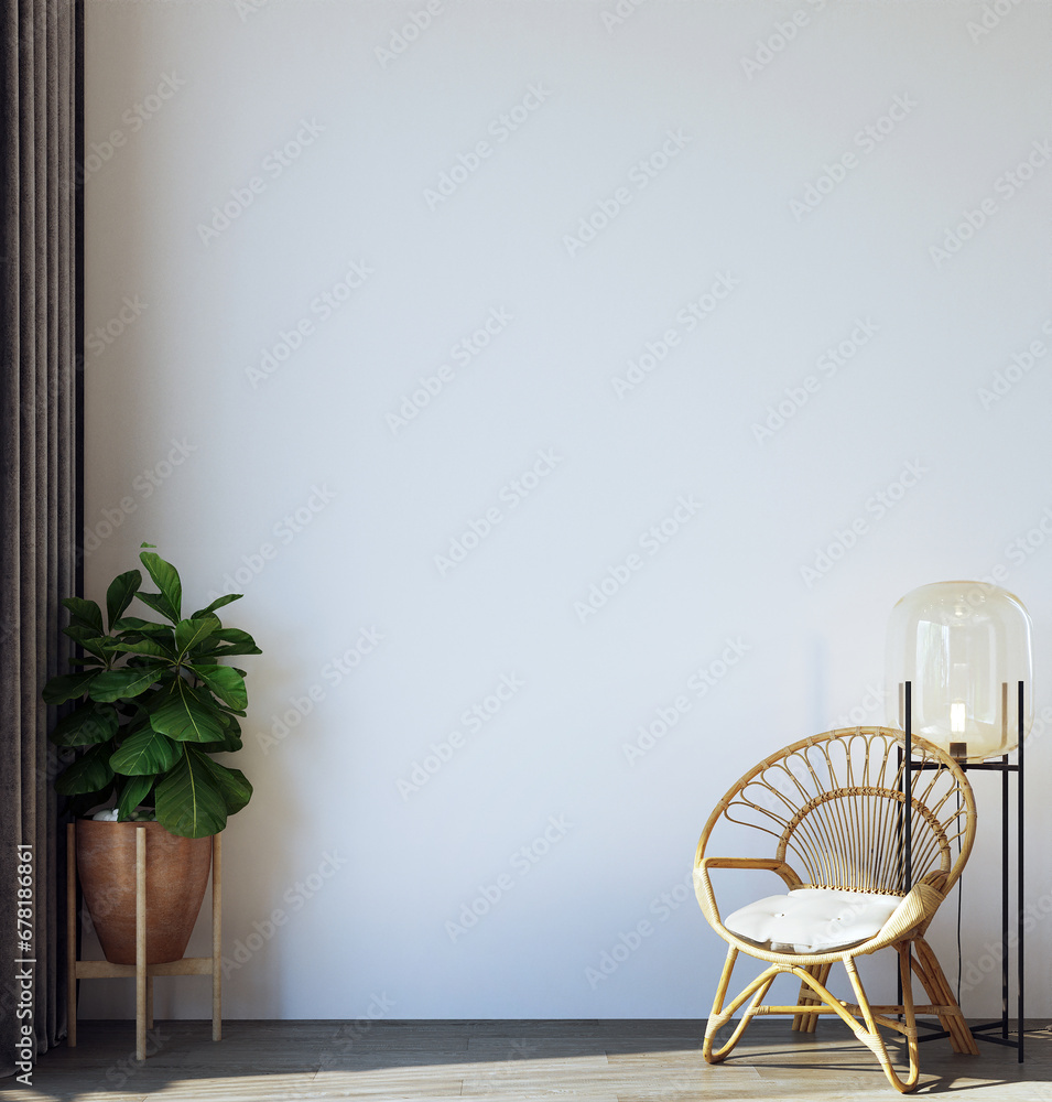 Modern interior of living room with rattan armchair and empty wall background. 3d rendering. 