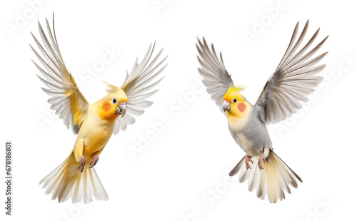 Cockatiels in flying motion, isolated