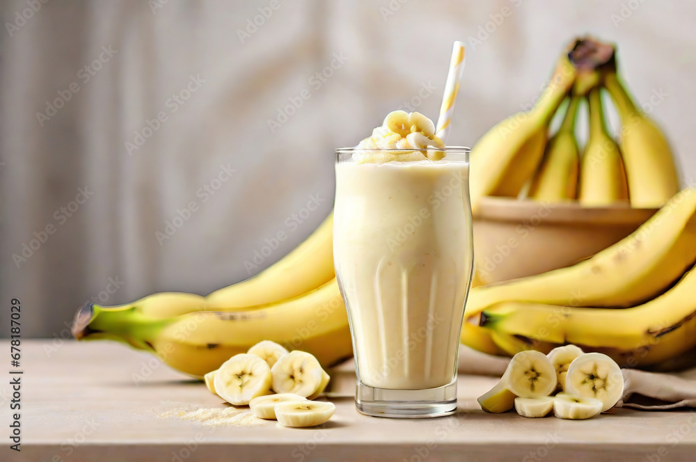 Food Photography Background Featuring a Healthy Banana Smoothie Milkshake in a Glass, Adorned with Fresh Bananas on the Table. 