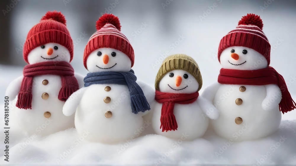 Christmas Background Banner Featuring a Group of Cute, Funny, Laughing Snowmen in Wool Hats and Scarves. Christmas Background Banner Featuring a Group of Cute, Funny, Laughing Snowmen in Wool Hats and Scarves.