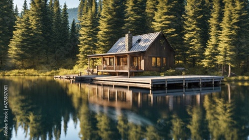 A serene lakeside cabin surrounded by tall pine trees, with a wooden dock extending into the calm water.
