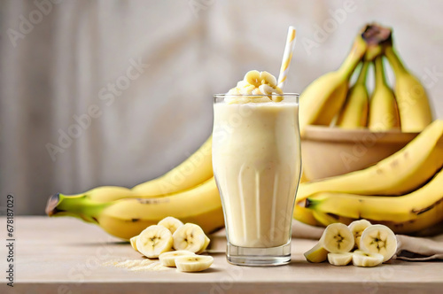 Food Photography Background Featuring a Healthy Banana Smoothie Milkshake in a Glass, Adorned with Fresh Bananas on the Table.  photo