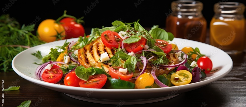 In the background of the white plate lies a vibrant red salad drizzled with oil and sprinkled with cheese topped with cherry tomatoes embodying the healthy essence of Mediterranean cuisine a In the background of the white plate lies a vibrant red salad drizzled with oil and sprinkled with cheese topped with cherry tomatoes embodying the healthy essence of Mediterranean cuisine a