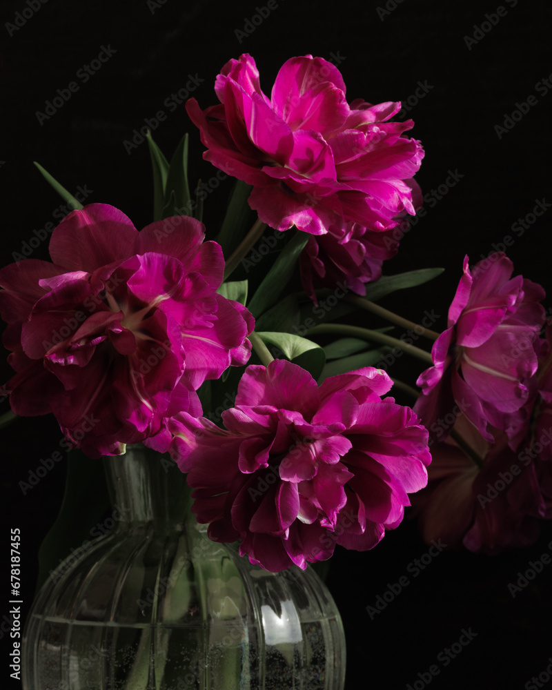 bouquet of dark red lilac tulips in glass vase on dark background. flower bouquet in vase on table. Gift interior decoration. florist, decorator. Flower shop. bouquet of dark red lilac tulips in glass vase on dark background. flower bouquet in vase on table. Gift interior decoration. florist, decorator. Flower shop.