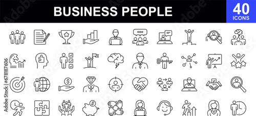 Business people web icons set. Teamwork - simple thin line icons collection. Containing human resources, meeting, partnership, office management, meeting, work group, success. Simple web icons set