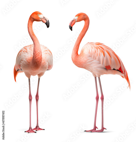 flamingo portrait, front and side view, isolated background