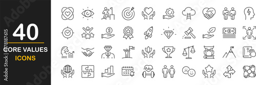 Core values web icons set. Core value - simple thin line icons collection. Containing goals, responsibility, performance, accountability, will to win, quality, teamwork and more. Simple web icons set