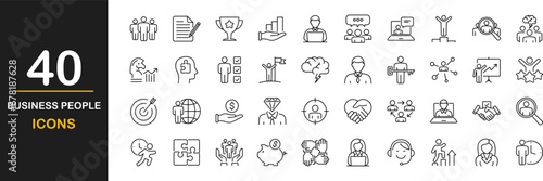 Business people web icons set. Teamwork - simple thin line icons collection. Containing human resources, meeting, partnership, office management, meeting, work group, success. Simple web icons set