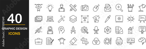 Graphic design web icons set. Web design - simple thin line icons collection. Containing creative process, paintbrush, prepress, palette, digital creative tool, layout and more. Simple web icons set