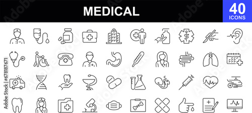 Medicine and Health web icons set. Medical - simple thin line icons collection. Containing Healthcare, emergency, medical equipment, doctor, prescription, virus and more. Simple web icons set