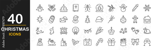 Christmas web icons set. Xmas - simple thin line icons collection. Containing winter celebration, holiday, gift, christmas tree, snowman, snow, bell and more. Simple web icons set