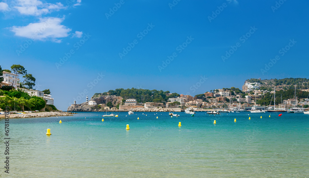 Azure sea in the small coastal town Port de Soller in Mallorca