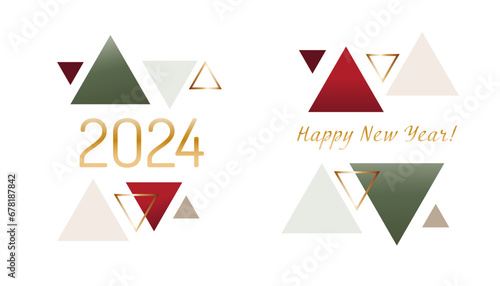 Merry christmas, Happy New Year 2024, abstract geometric print set with red, green and gold triangles, vector