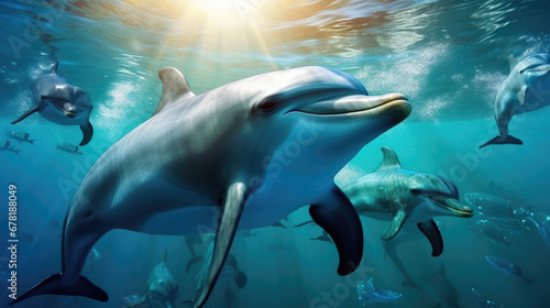 dolphin in the sea, dolphins underwater in blue ocean. Dolphins family © Planetz